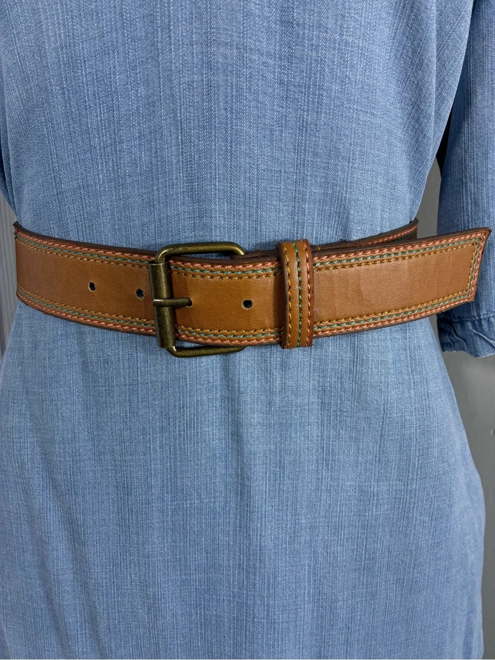 Womens belt 38” long Brown Faux Leather with Contrast Stitching